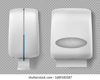 Wall dispenser for antibacterial soap, liquid coronavirus antiseptic and paper. Pump and automatic lather containers for bath or toilet room set isolated on transparent background, Realistic 3d vector