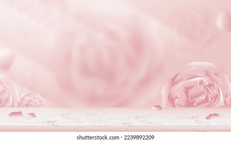 Wall Display of Pink Marble shelf with blurry English rose background,Vector 3D Studio scene with blurry spring flower,Sweet pink pastel backdrop banner for beauty product,Mother day,Valentine Day 