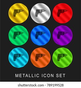 Wall Drill 9 color metallic chromium icon or logo set including gold and silver