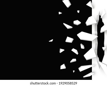 Wall Explosion Fragment. Breaking White Wall. Black And White Vector Illustration.