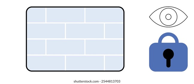 Uma parede, um símbolo de olho e um cadeado. Ideal para segurança cibernética, proteção da privacidade, sistemas de segurança, segurança de dados, segurança digital. Estilo plano simples. As cores principais são branco, azul e preto