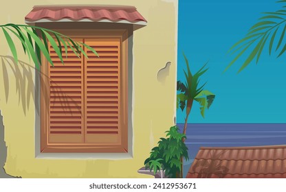 Fachada de pared con grietas, ventana de madera con postigos, tejas en el techo. Edificio con vistas al mar, paisaje tropical con palmeras. Pared amarilla, palmera, siesta, ilustración vectorial.