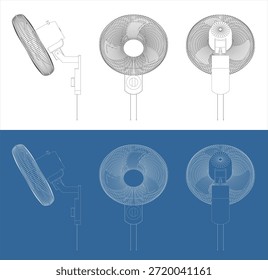 Dibujo técnico ortográfico del ventilador de pared con vistas frontales y laterales