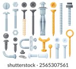 Wall fasteners. Metal screws stainless industrial hardware, steel bolts with round nut hook anchors metallic rivet washer iron nails construction tools, neat vector illustration original artwork