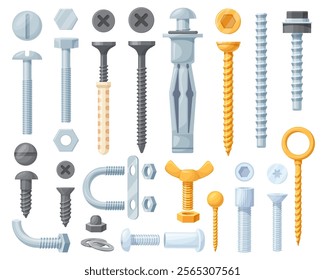 Wall fasteners. Metal screws stainless industrial hardware, steel bolts with round nut hook anchors metallic rivet washer iron nails construction tools, neat vector illustration original artwork