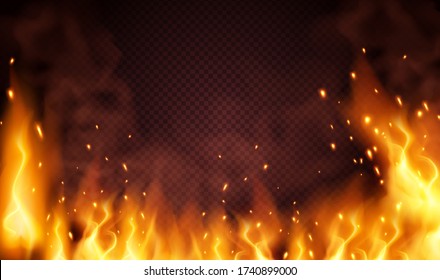 Wall of fire. Burning red hot sparks fly from large fire in the night sky. Vector template with flame and particles. Lag Baomer bonfire holiday symbol.