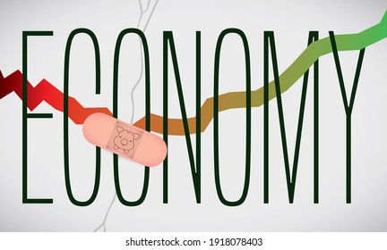 Wall with fissures and Economy sign, medical plaster with piggy bank design and uprising arrow with color changes, symbolizing the economic fluctuation and reactivation.