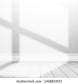 Wall And Floor Illuminated By Sunlight From The Window. Blank White Background For Design