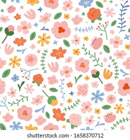 wall flowers  seamless vector pattern made various flower illustrations  wildflower  rose  peony   tulips  spring background  Blooming ornament  good as wall paper  wrapping textile print