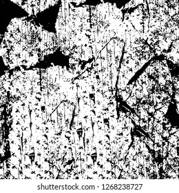 Wall fragment with scratches and cracks. Overlay grunge illustration over any design. Abstract grainy background with vintage effect