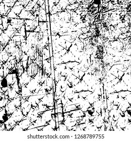 Wall fragment with scratches and cracks. Overlay grunge illustration over any design. Abstract grainy background with vintage effect