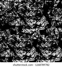 Wall fragment with scratches and cracks. Overlay grunge illustration over any design. Abstract grainy background with vintage effect