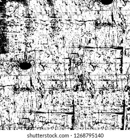 Wall fragment with scratches and cracks. Overlay grunge illustration over any design. Abstract grainy background with vintage effect