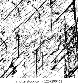 Wall fragment with scratches and cracks. Overlay grunge illustration over any design. Abstract grainy background with vintage effect