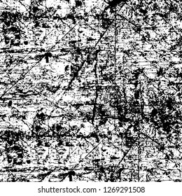 Wall fragment with scratches and cracks. Overlay grunge illustration over any design. Abstract grainy background with vintage effect