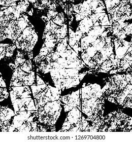 Wall fragment with scratches and cracks. Overlay grunge illustration over any design. Abstract grainy background with vintage effect