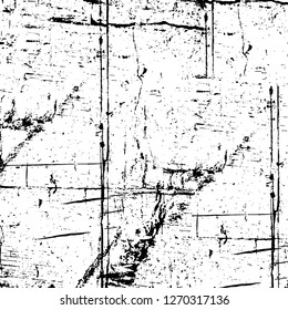 Wall fragment with scratches and cracks. Overlay grunge illustration over any design. Abstract grainy background with vintage effect