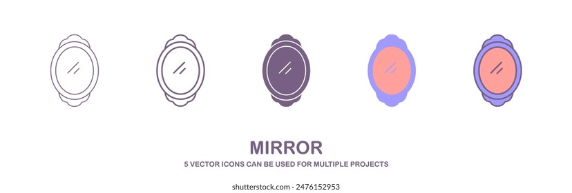 Wall Frame Mirror Reflection. Interior Furniture Concept. Minimal Color Flat Line Outline Stroke Icon. Mirror. Self reflection. Various mirrors - round, makeup, full length, bathroom interior.