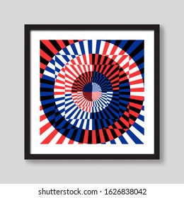 Wall frame for picture or poster. Black wooden frame, with painting example. Abstract geometric image, rays and circles. White, black, red and blue colors. . Vector illustration