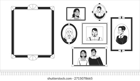 Galería de pared de retratos enmarcados con fondo de ilustración de línea de marco vacío. Familia aristocrática. Gente del renacimiento barroco. Fondo monocromo de contorno de tinta 2D de linaje noble. Vector lineal