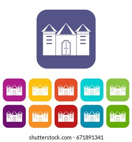 Wall and gate of the old fortress icons set vector illustration in flat style In colors red, blue, green and other