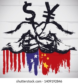 Wall with graffiti design: fists holding dollar and yuan symbols over China and U.S.A. flags, a representation and protest for high tariffs and tense relations due Trade War.