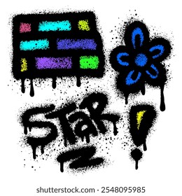 wall graffiti, flowers, exclamation marks and the word star in black spray paint. vector illustration.