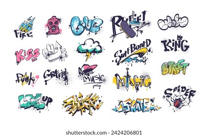 Wall graffiti tags. Underground style doodling fashion symbols, spray tag skateboard urban crazy street art marker script, school walls vandalism classy vector illustration of graffiti art spray paint