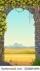 Wall gray brick and branches liana, ivy. Old shabby house facade with arc and creeping plants. Vector background.