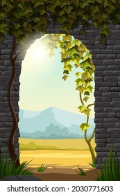 Wall gray brick and branches liana, ivy. Old shabby house facade with arc, ray of sun and creeping plants. Vector background.