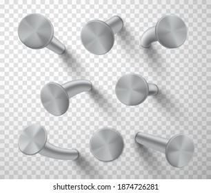 Wall hammered hardware galvanized stainless nails set. Power and industrial craft tool. Vector realistic style nails illustration