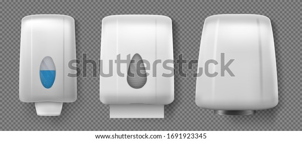 Wall hand dryer, dispensers with soap and\
paper towel. Vector realistic container with antibacterial liquid\
gel or alcohol sanitizer, box with napkins and hand drier isolated\
on transparent background