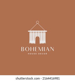 Wall hanging macrame with home combination logo design concept. Bohemian hipster house minimal logo icon sign symbol
