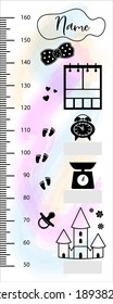 Wall height chart design for girl on watercolor background. Birth Stats icons for Birth Announcement. Meter wall with scale to measure growth. Vector illustration. svg