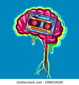 Wall hiphop art with a zombie brain and a cassette. Neon graffiti drawing and clothing texture for print. Urban and contemporary hip hop music illustration. Funky mind concept from the 90s.