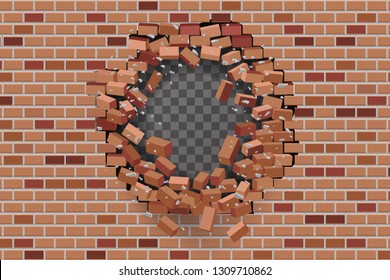 Wall hole destruction red brick break transparent template background vector illustration