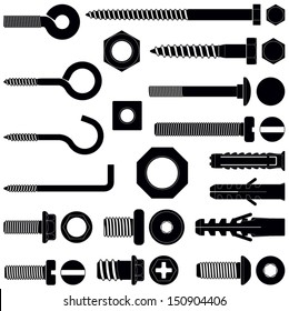 Wall hooks / bolts / nuts and wall plugs collection - vector silhouette 