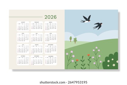 Wall Horizontal Calendar 2026 with hand drawn illustration. One sheet of year. Week start from Sunday