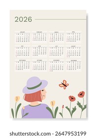 Calendário horizontal da parede 2026 com ilustração desenhada à mão inspirada na natureza. Uma folha do ano. A semana começa no domingo