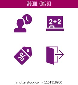 wall icon. 4 wall set with blackboard, discount, exit and clock vector icons for web and mobile app