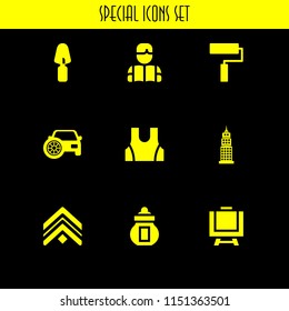 wall icon. 9 wall set with art, sport wear, chevron and ossuary vector icons for web and mobile app