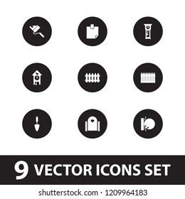 Wall icon. collection of 9 wall filled icons such as fence, gate, trowel, pendulum, cuckoo clock, roller. editable wall icons for web and mobile.