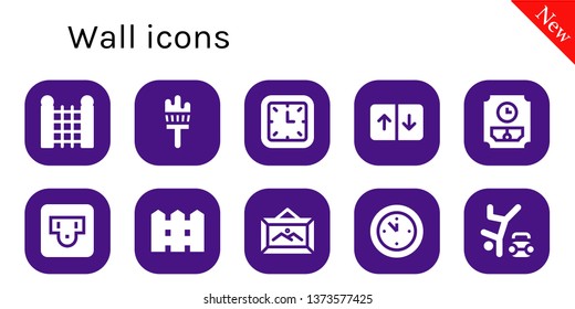 wall icon set. 10 filled wall icons.  Collection Of - Fence, Painting brush, Wall clock, Elevator, Socket, Frame, Hip hop