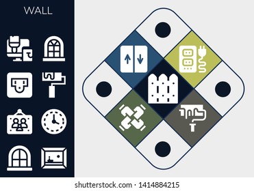 wall icon set. 13 filled wall icons.  Collection Of - Fence, Window, Painting, Picture frames, Wall clock, Socket, Roller, Paint roller, Elevator, United