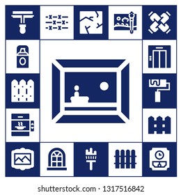 wall icon set. 17 filled wall icons.  Collection Of - Paint roller, Foundation, Fence, Painting, Elevator, Roller, Barbed wire, Window, Crack, Painting brush, United, Wall clock