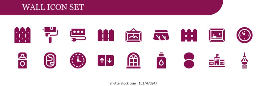 wall icon set. 18 filled wall icons.  Simple modern icons about  - Fence, Paint roller, Socket, Frame, Windshield, Painting, Wall clock, Foundation, Window, Elevator, Conditioner