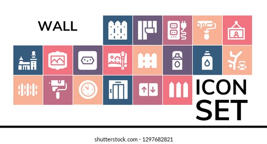  wall icon set. 19 filled wall icons. Simple modern icons about  - Fence, Stockholm, Paint roller, Wall clock, Elevator, Painting, Socket, Painting brush, Foundation, Conditioner