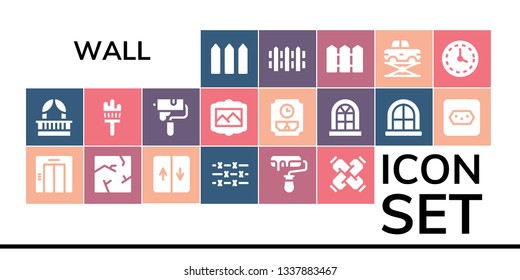 wall icon set. 19 filled wall icons.  Collection Of - Fence, Balcony, Elevator, Crack, Barbed wire, Roller, United, Painting brush, Paint roller, Painting, Wall clock, Window