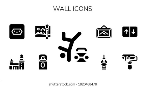 wall icon set. 9 filled wall icons.  Simple modern icons such as: Hip hop, Foundation, Painting brush, Stockholm, Socket, Roller, Elevator, Fernsehturm berlin, Frame