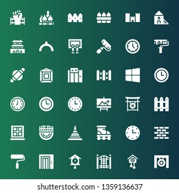 wall icon set. Collection of 36 filled wall icons included Gong, Cuckoo clock, Fence, Elevator, Paint roller, Brick wall, clock, Roller, Doi suthep, Merida, Window, Painting